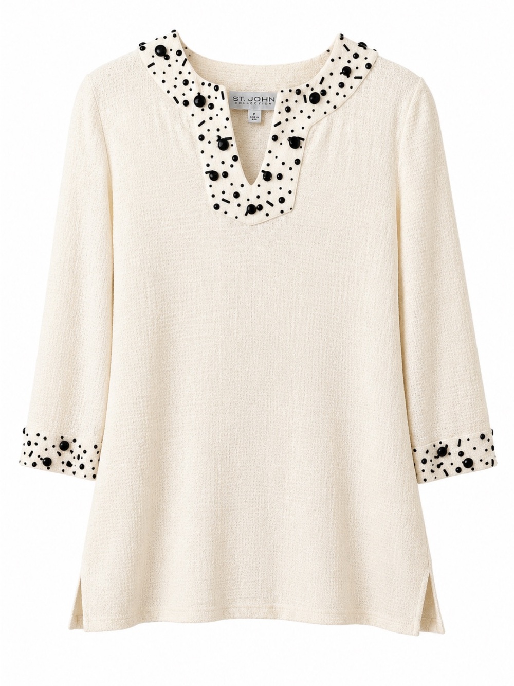 St John Collection Women’s Petite P Ivory Beaded Knit Tunic Top Long Sleeve